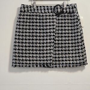 Black & White Houndstooth Tweed Mini Skirt with Decorative Belt